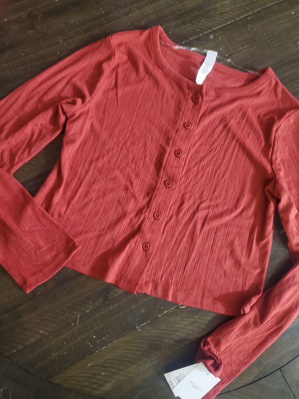 Auden Ribbed Button-Front Long Sleeve Top - Red